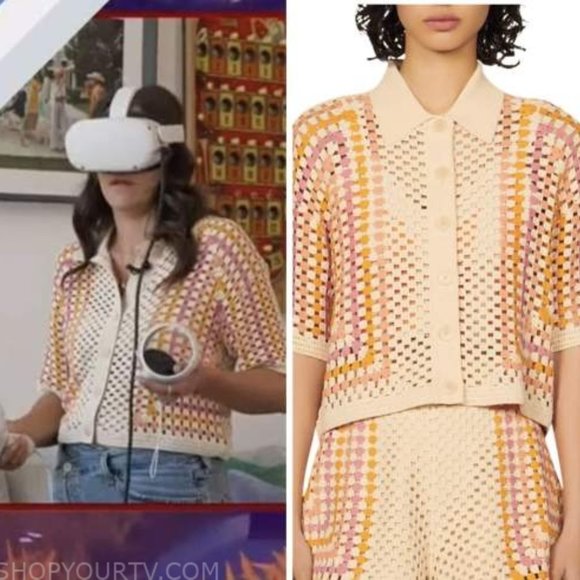 sandro sacramento crochet cardigan knit luke button down collared crop top - Picture 4 of 12